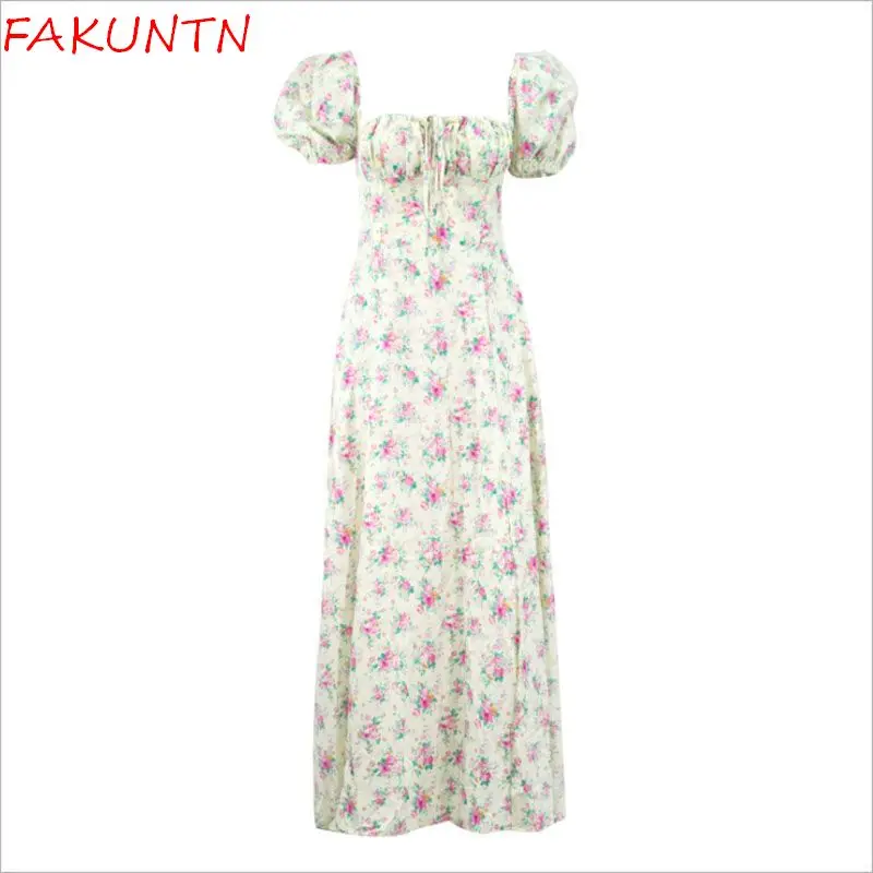 

FAKUNTN Dress Women Short Puff Sleeve Flroal Printed Ruched Party High Split Long Maxi Dresses Drawstring Sexy Vestidos Sundress