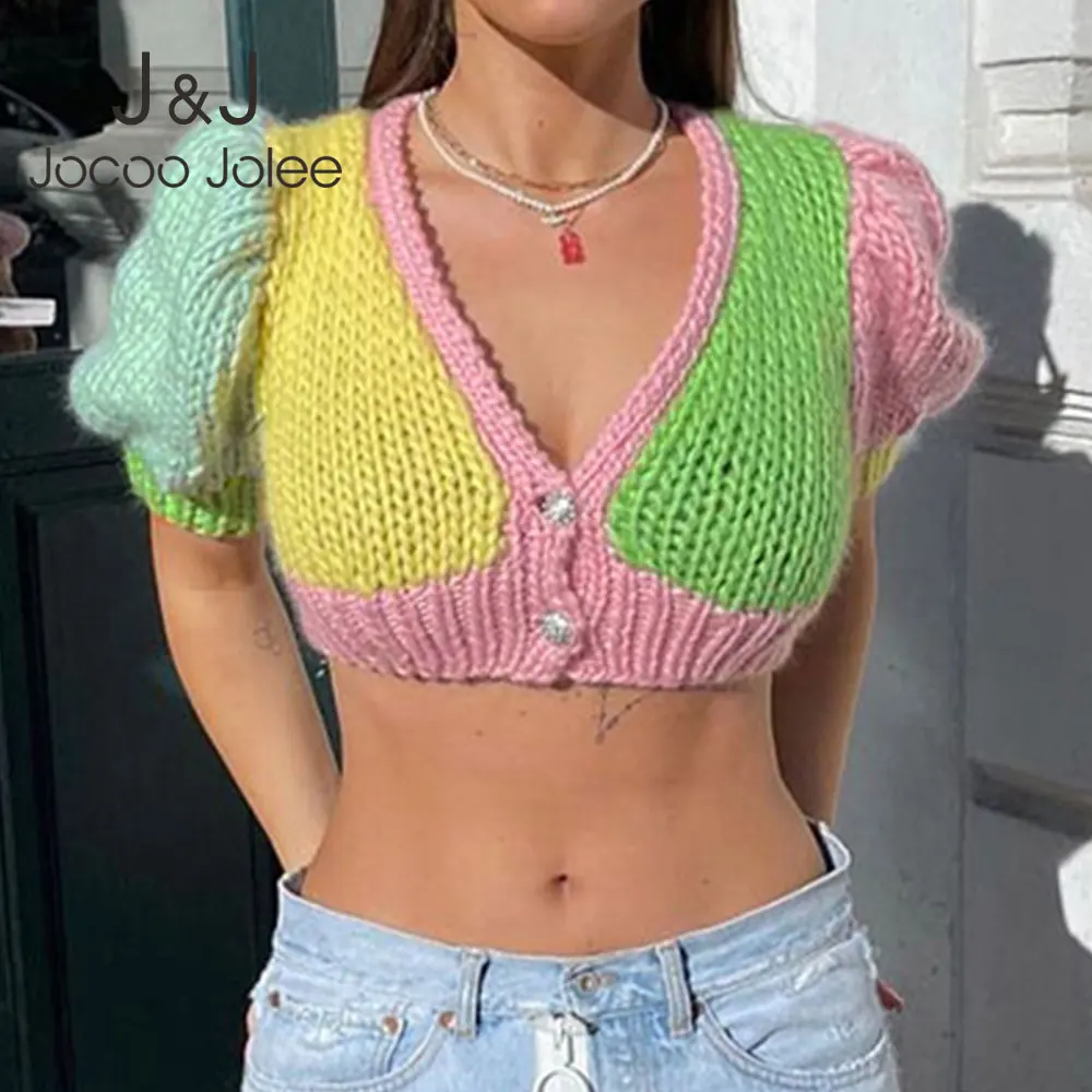 Элегантный цветной свитер в стиле пэчворк с V-образным вырезом пышными короткими