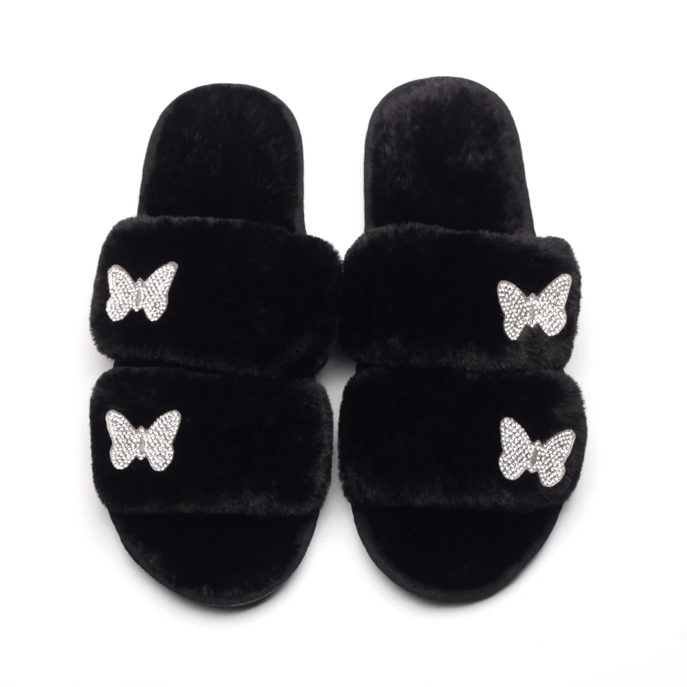 Women House Slippers Rhinestone Butterfly Decor Fluffy Slippers Double Strap Open Toe Furry Slides Flat Heel Winter Warm Shoes