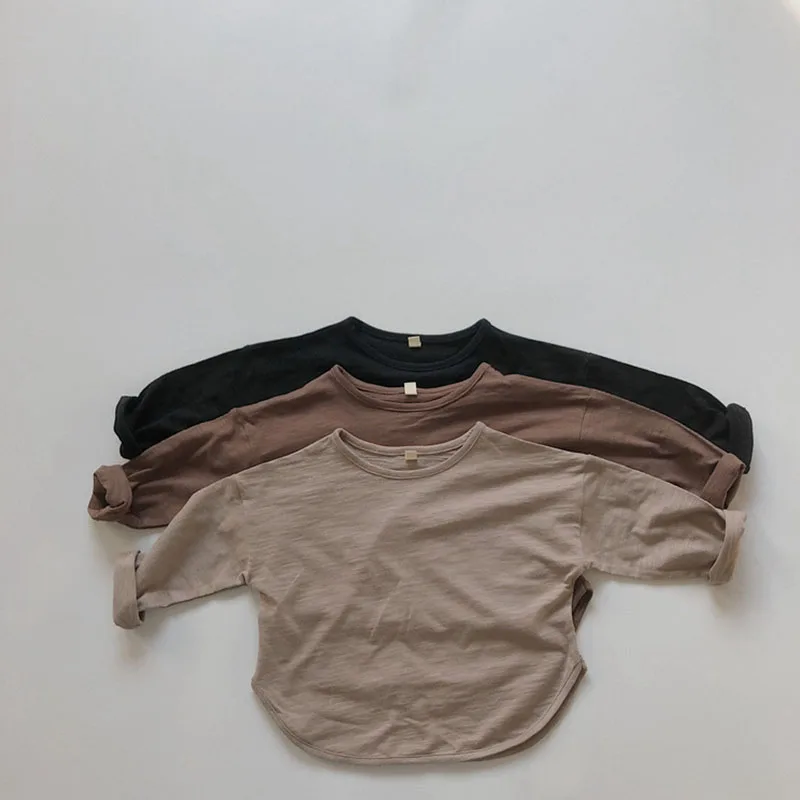 

Детская футболка с длинными рукавами коллекция 2021 года, новая весенняя Свободная рубашка в стиле ретро из бамбукового хлопка в Корейском ст...