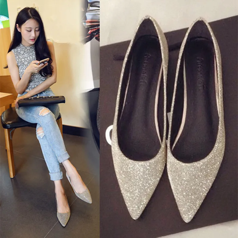 

Spring Single Shoes Women's 2020 New Pointy Flat Shoes Dress Bridesmaid Large Size 41 42 43 44 Gold Silver Sequin Wedding Shoes