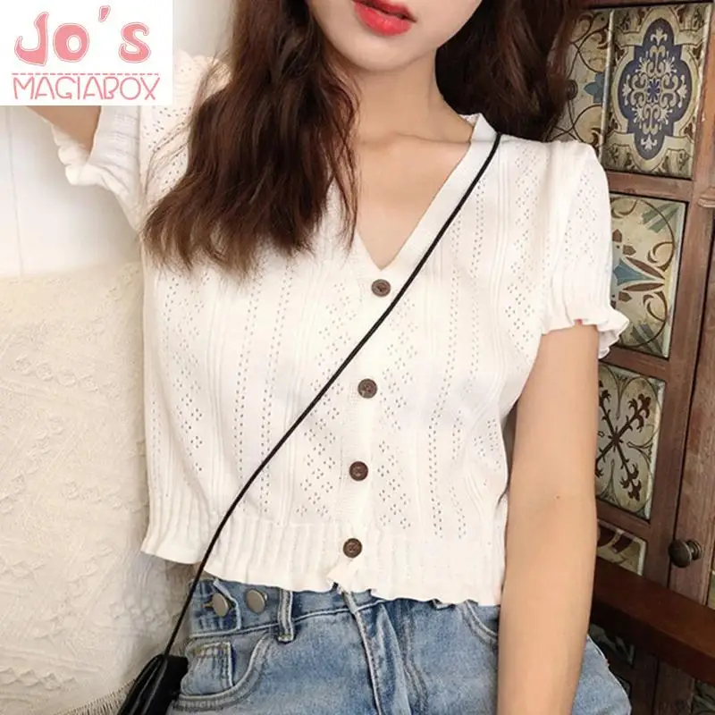 Женская винтажная блузка с v образным вырезом Повседневная однотонная вязаная