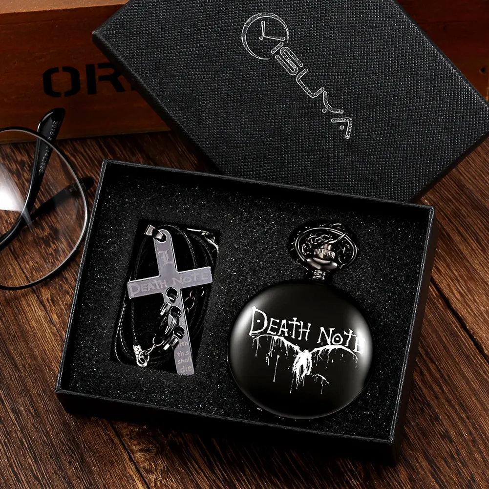Pocket Watch Sets for Men Black Quartz Pocket Watch Gift Set Vintage Cross Necklace Pendant Gift for Men Pocket Watch Fob Chain