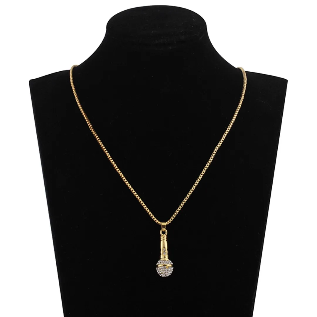 В стиле хип-хоп ожерелье с микрофоном золотого цвета на длинной цепочке в панк