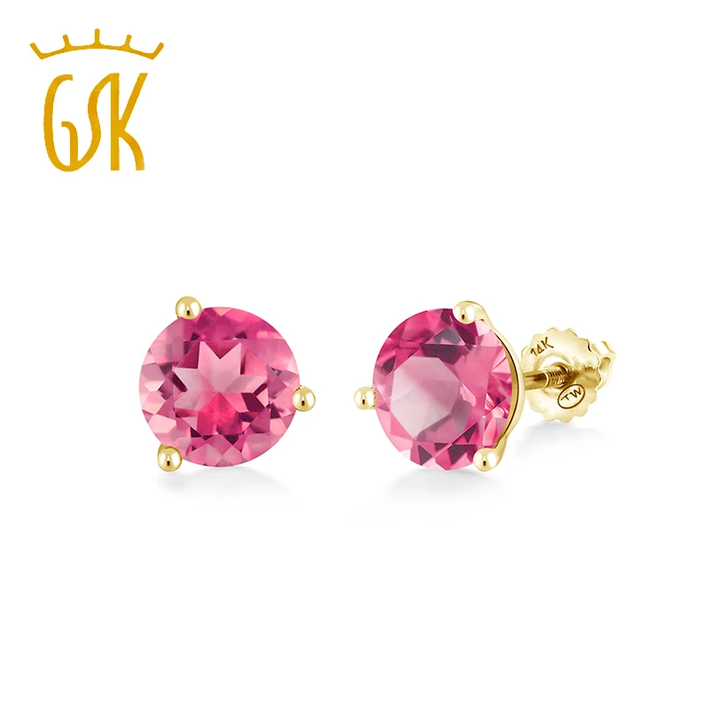 Серьги пусеты 4 карат круглые 8 мм розовый мистик топаз 14 к желтое золото|Серьги| |