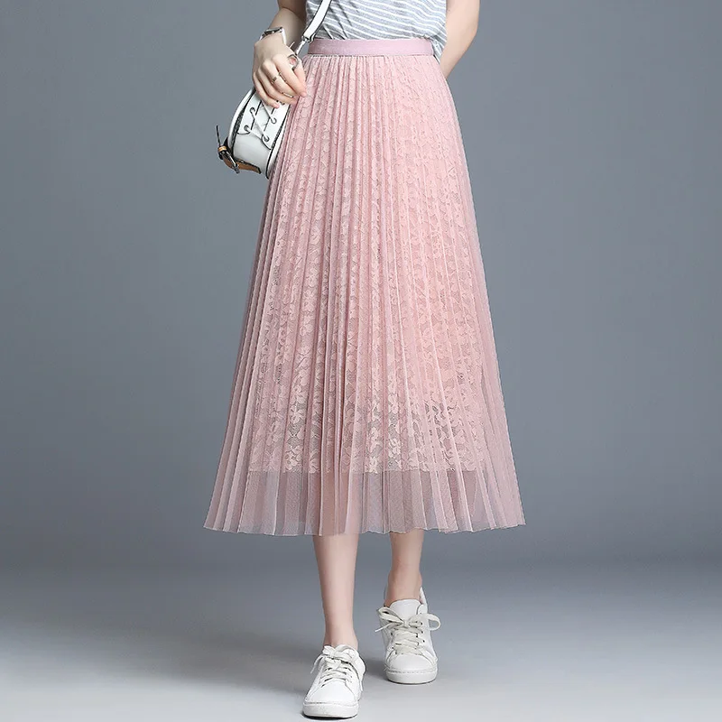 

Spring Summer Lace Mesh Elastic High Waist Women Pleated Skirt Elegant Fashion Korean Loose Big Swing Casual Long Skirts 1919