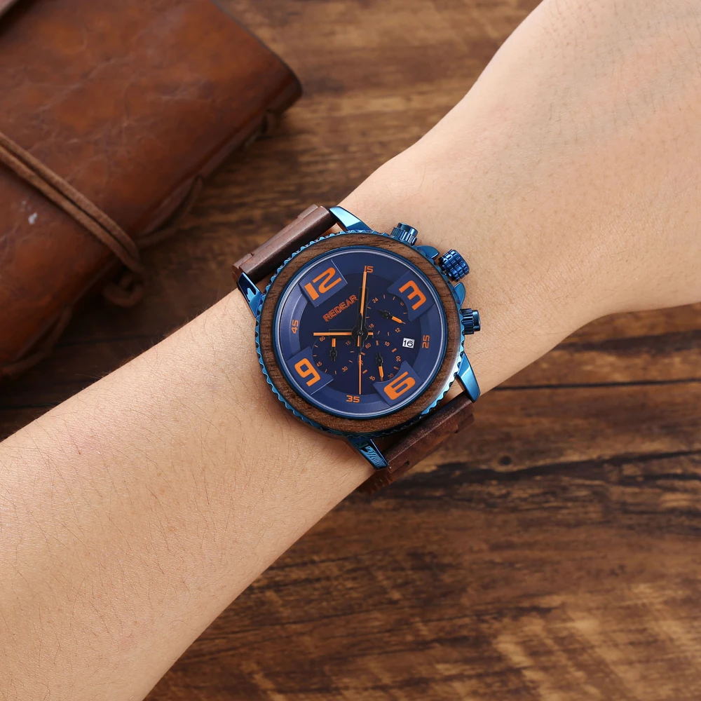 

REDEAR Brand Wooden Watch Men's Luxury Men's Sports Calendar Quartz Watch Stopwatch Fashion Men's Watch