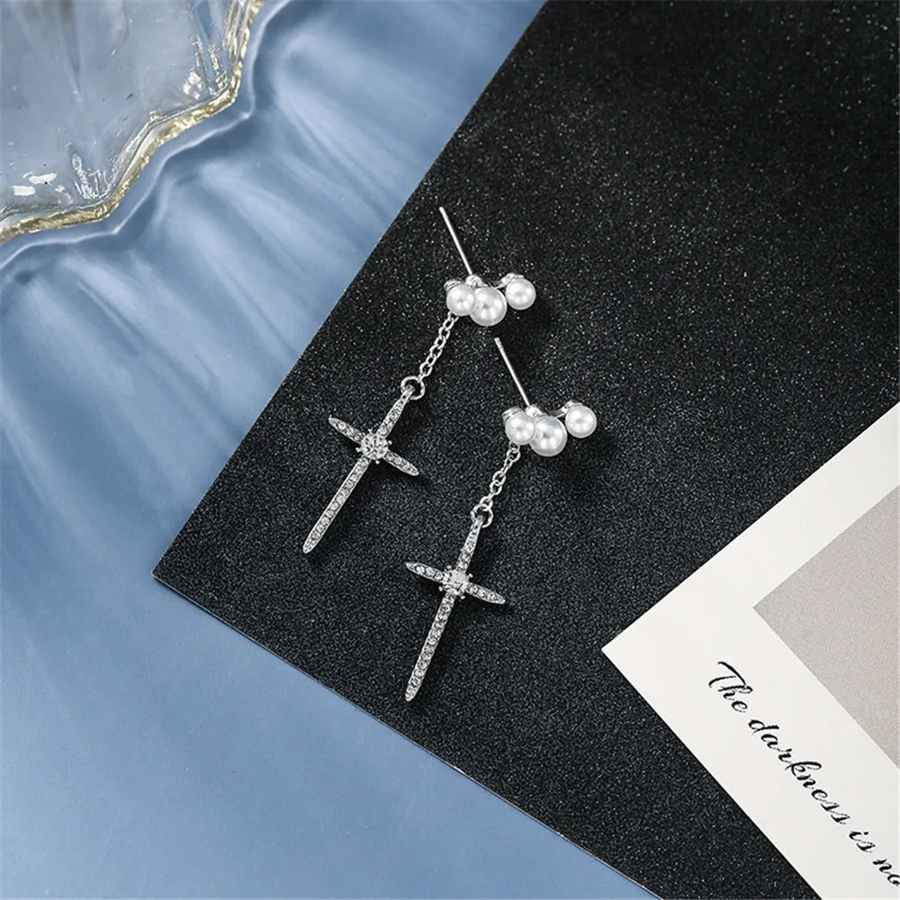 

2020 Trend New Arrival Cross Long Trendy White Pearl Drop Earrings Pendants For Women Party Wedding Brincos Bijoux Gifts Female