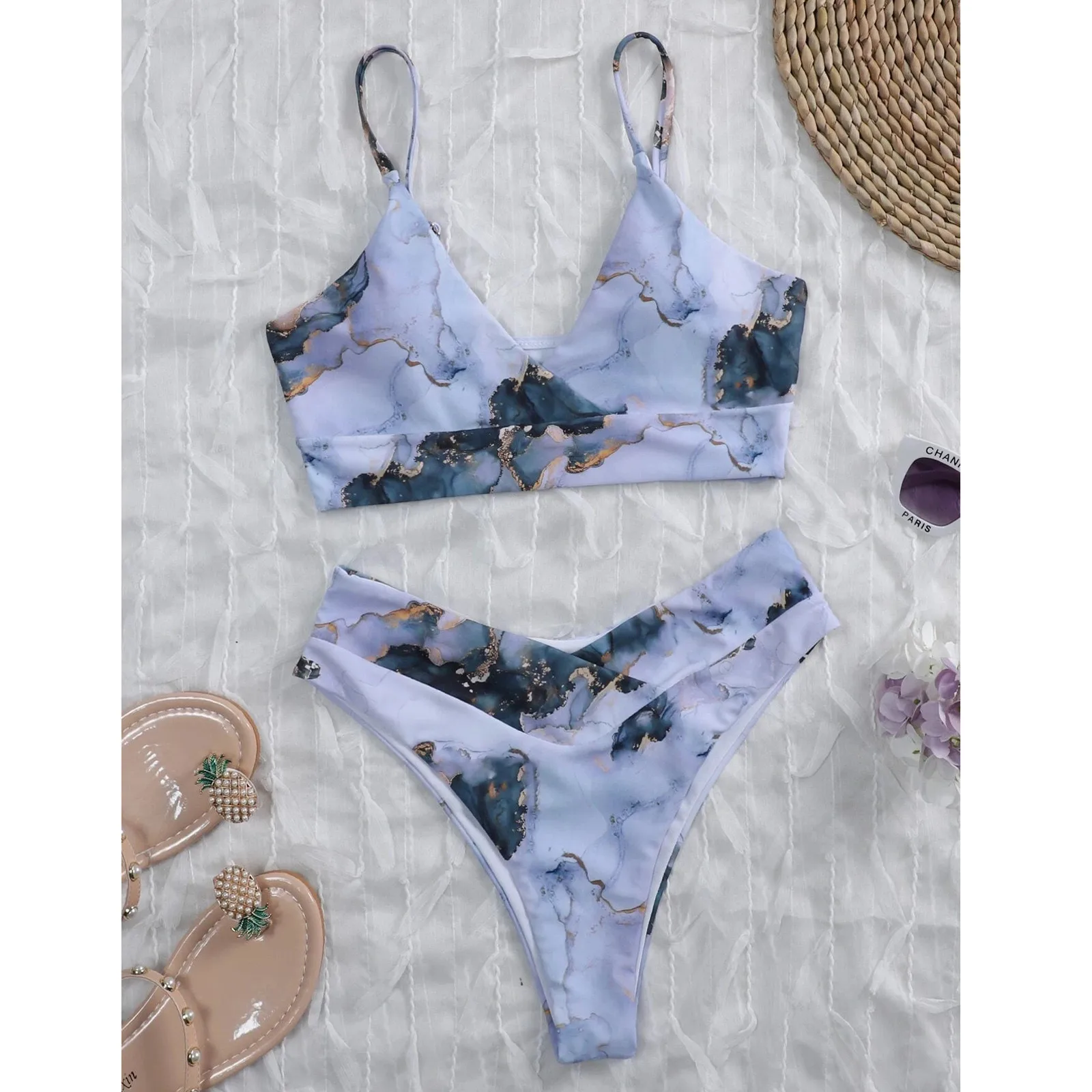 

Women Sexy Push Up High Cut Swimwear V-Neck Hight Waist Bikini Set Two Piece Tie Dye Swimsuit Fashion Halter Beachwear