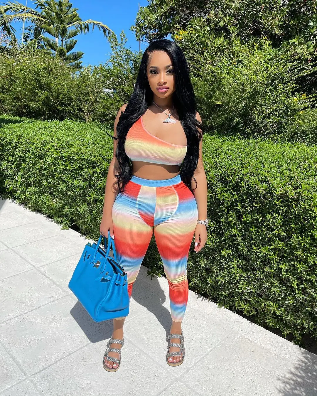 

Echoine Ribbed Rainbow Print Off Shoulder Crop Top Legging Pencil pants Two Piece Set Sexy Skinny Matching Set Party Clubwear