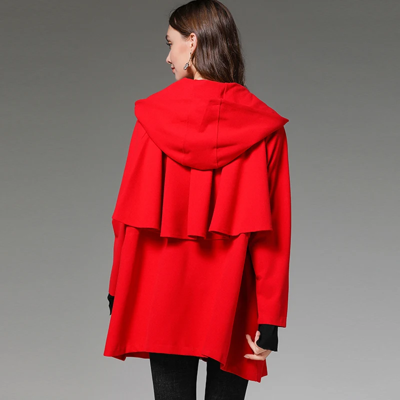 Plus size women clothing Autumn elegant thin trench coat female ruffled loose hooded windbreaker outwear casual outfit flare top | Женская