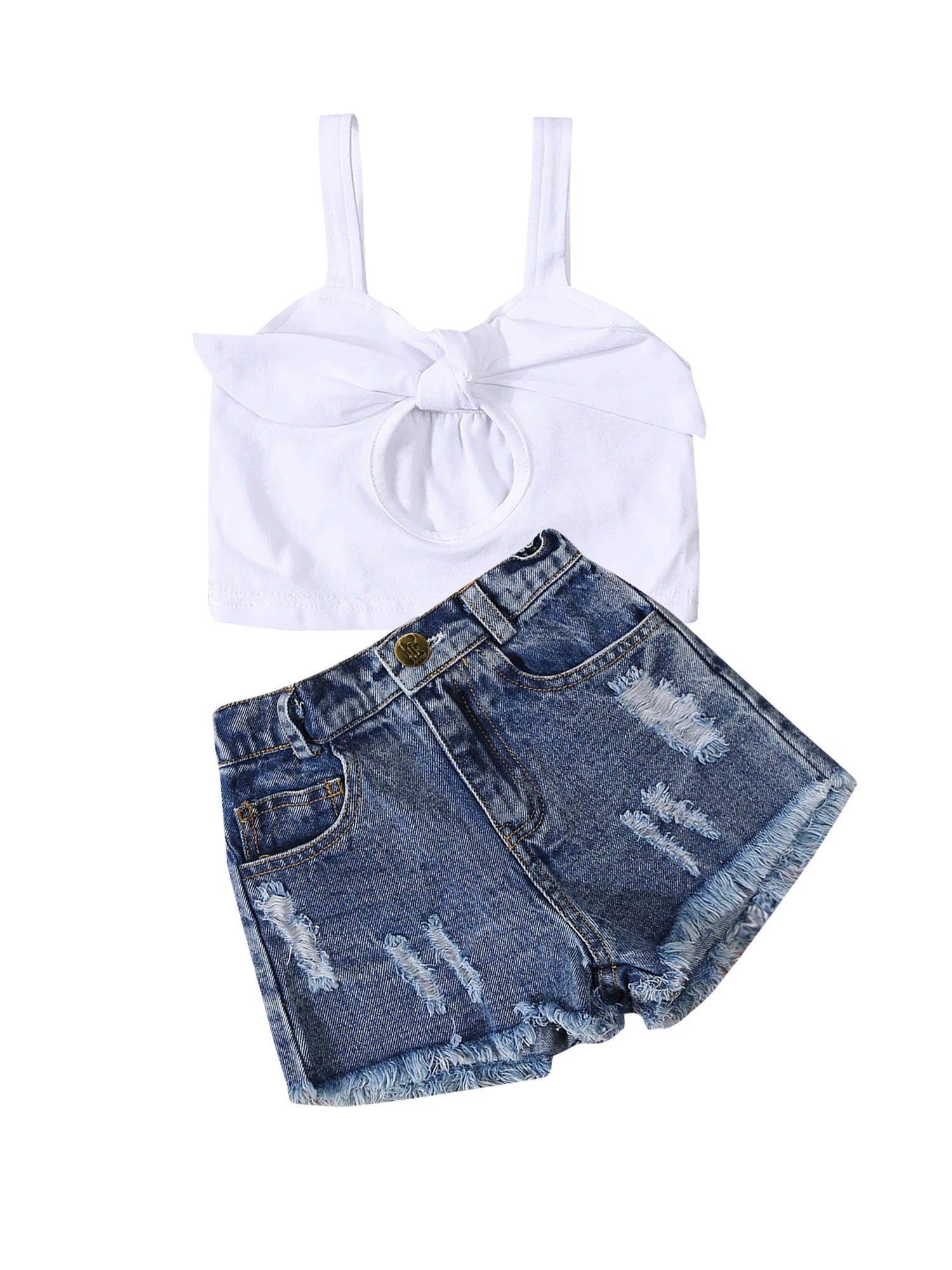 

2Pcs Little Girls Outfit, Toddlers Solid Color Hollow Knotted Sleeveless Suspender Tops + Rough Selvedge Ripped Denim Shorts