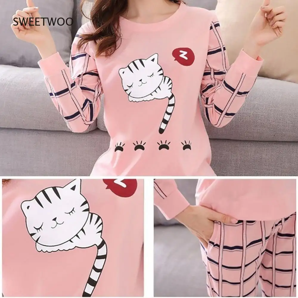 2021 Women's Pajama Set Winter Ladies Cartoon Sleeping Cat Print O-Neck Long Sleeve PajamasTwo Piece Home Wear