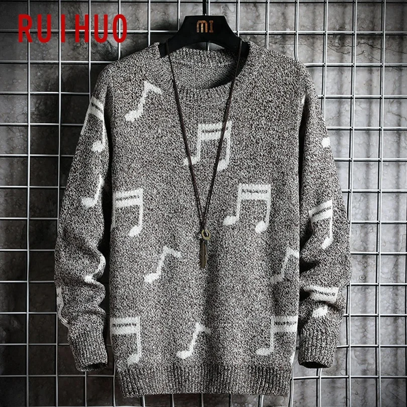 

RUIHUO 2021 Musical Notes Print Knitted Pullover Men Sweater Clothing Fashion Korean Clothes Man Coats Wool M-2XL