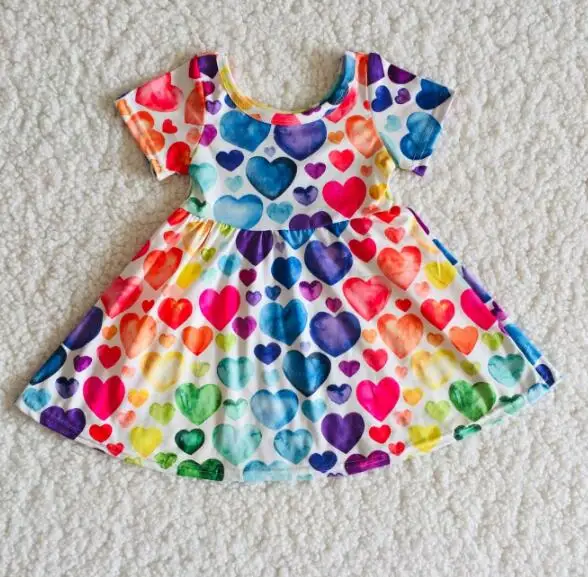 

Hot sale Valentine's day children's clothing colorful heart baby girl's short-sleeved dress spring dress for little girls