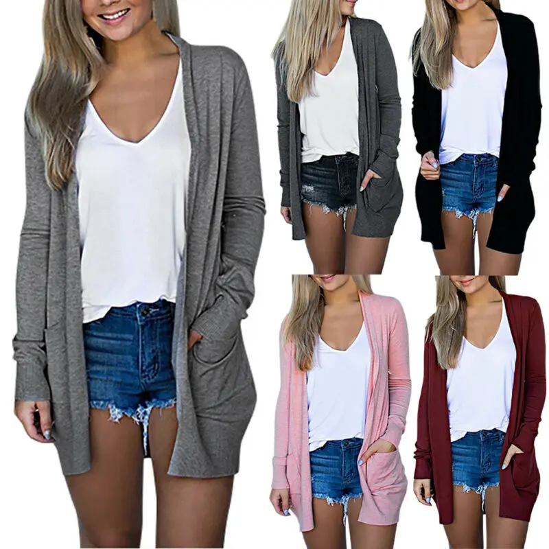 Women Knitted Open Front Cardigan Long Sleeve Loose Solid Sweater Plus Sizes Autumn Casual Outwear Coat With Pockets Autumnar |