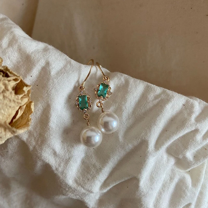

14k Gold Light Luxury Blue Green Zircon Pearl Retro Charming Crystals Gold Long Drop Wedding Earrings Jewelry for Women Gift New