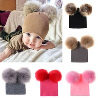 baby winter warm wool knitted beanie hats caps kids two fur pom pom bobble ball beanies girls boys children hat cotton soft cap