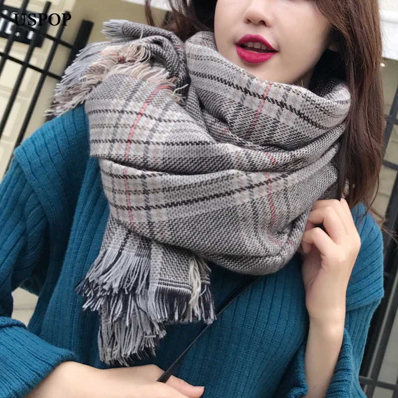 USPOP 2019 женский зимний шарф утолщенные клетчатые шарфы большая шаль с кисточками