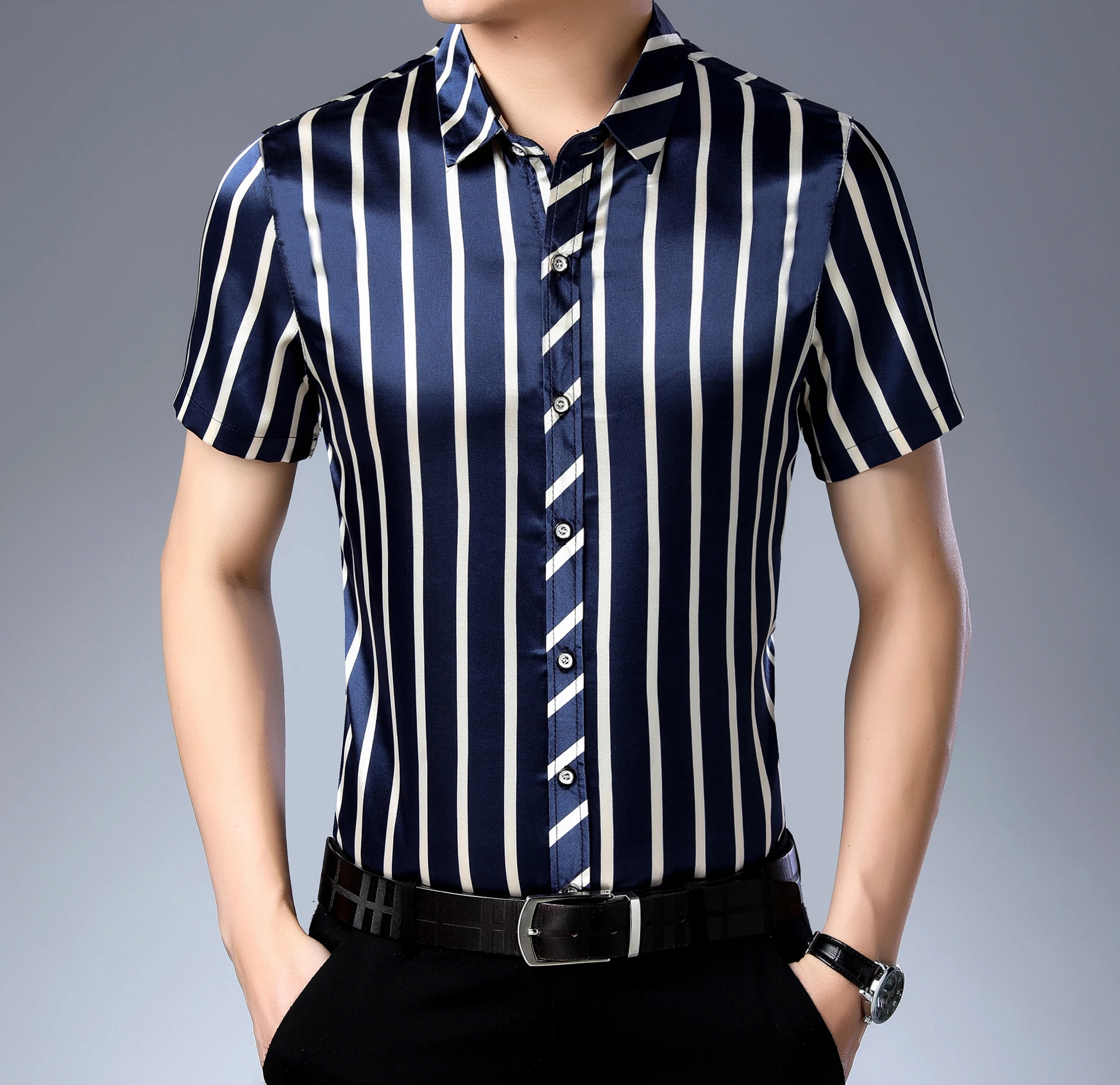 Мужская атласная рубашка в полоску повседневная шелковая Классическая с