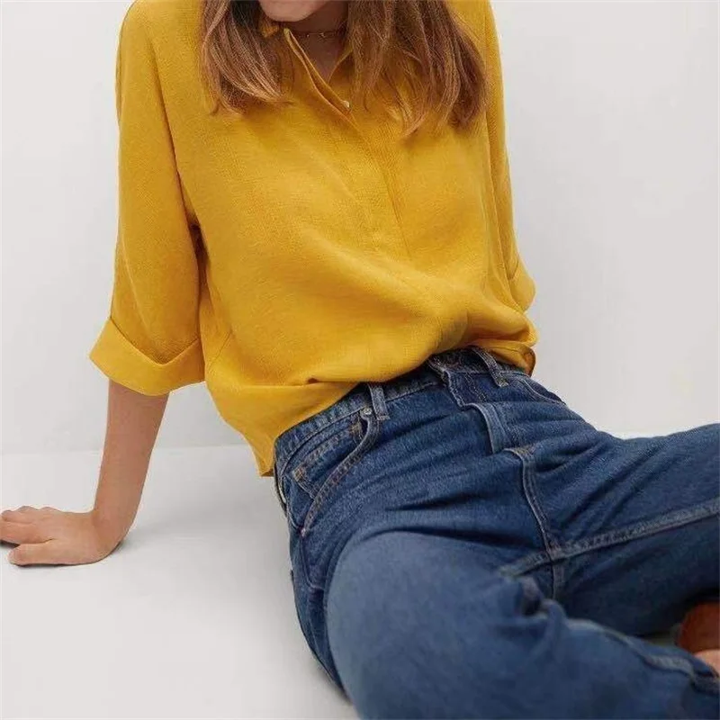 

TRAF Women's 2021 Fashion Loose Solid Color Lapel Draping Nature Top Short Sleeve Blouse Streetwear