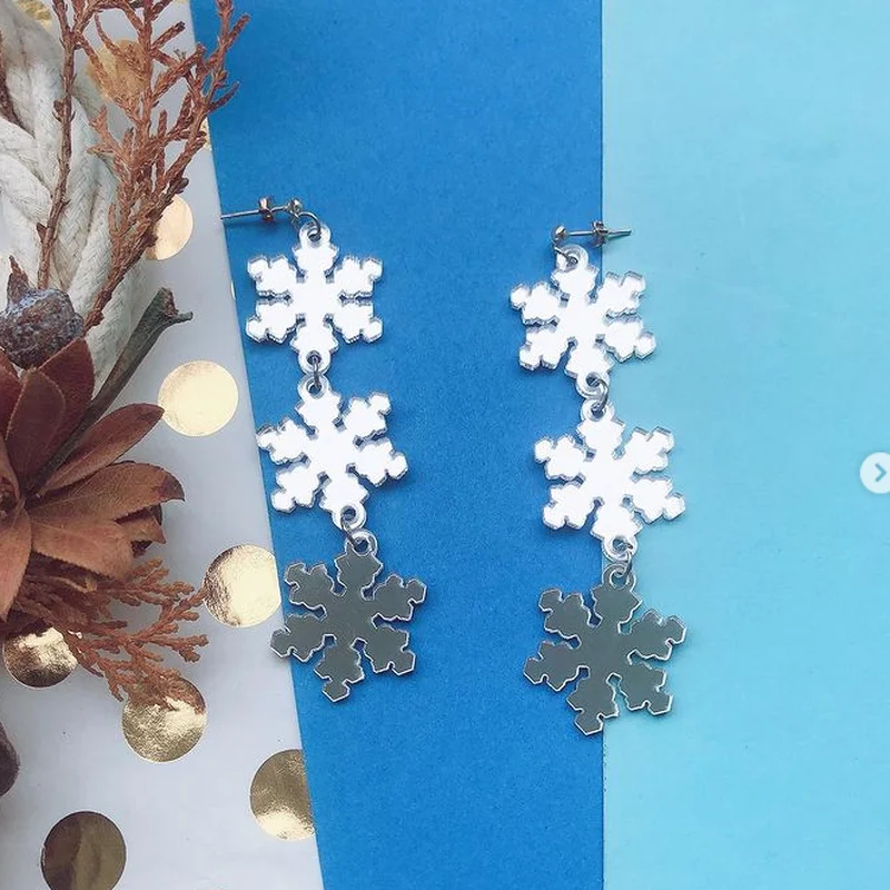 Cute Christmas Snowflake Drop Earrings For Women Xmas Silver Color Mirrored Acrylic Dangle Gift |