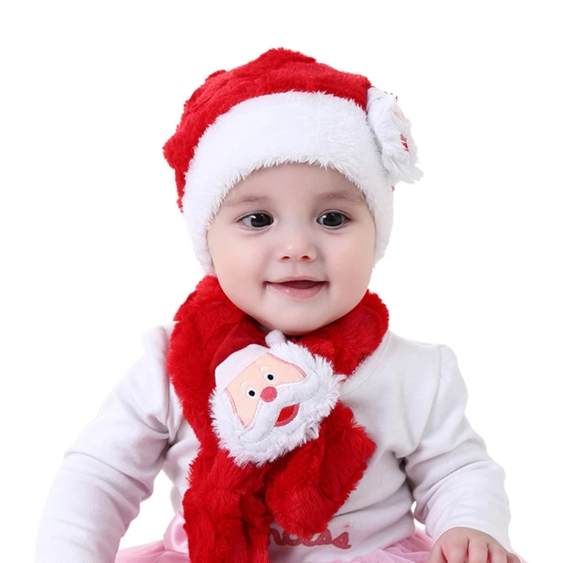 

Infant Baby 2 Piece Beanie Hat and Scarf Set Cute Cartoon Santa Claus Embroidery Skull Cap Thicken Fuzzy Plush Cross Loophole Ne