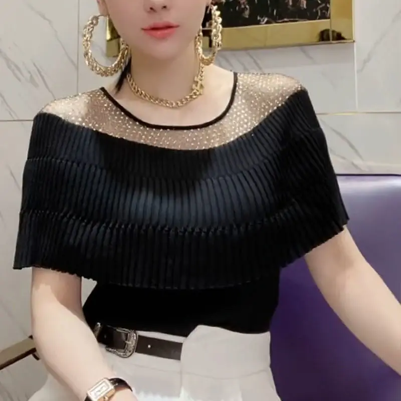 

Top women's 2021 summer dress new mesh splicing care machine ice silk T-shirt