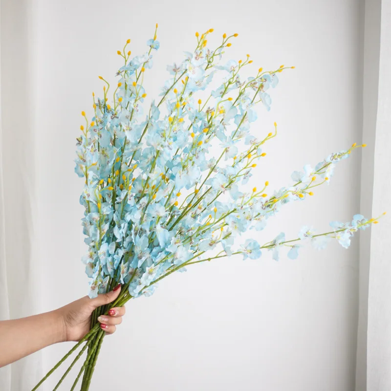 Blue Искусственный танцующий орхидея желтый поддельный цветок Oncidium Шелковый цветок пластиковый цветок большой пять вилка фаленопсис украшение дома - Цвет: Blue