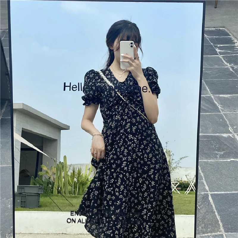 

Floral Print Elegant Chiffon Midi Dress Women Summer 2021 French V-neck Pleated Medium Length Puffs Sleeve Korean Holiday Dress