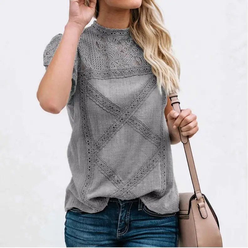 

Plus Size 4xl 5XL Shirt Blouse Female 2020 Spring New Tops O-neck Half Sleeve Lace Splice Print Boho Women shirt