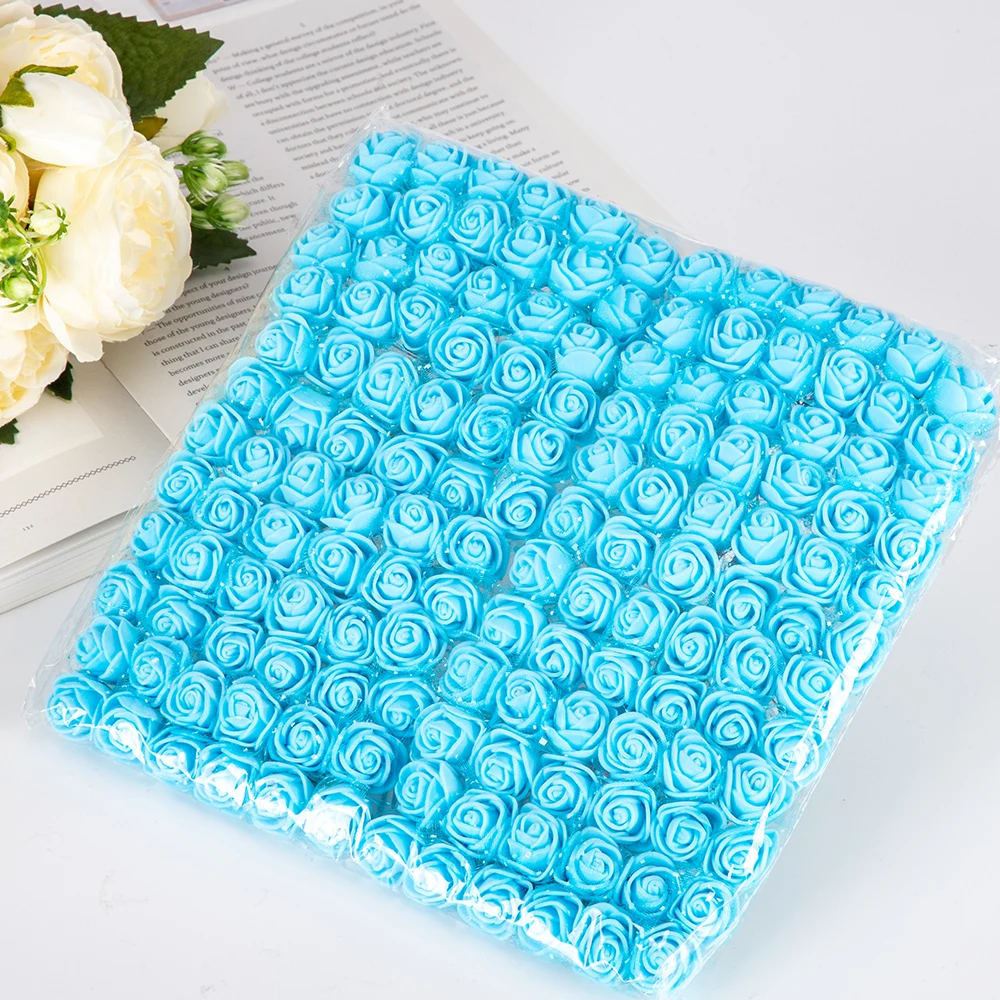01 Blue 144 шт., 2 см, искусственный букет из пенопласта, розы, свадебные, домашние, вечерние, на День святого Валентина, украшения, сделай сам, венок, скрапбук, подарочная коробка - Цвет: 01 Blue