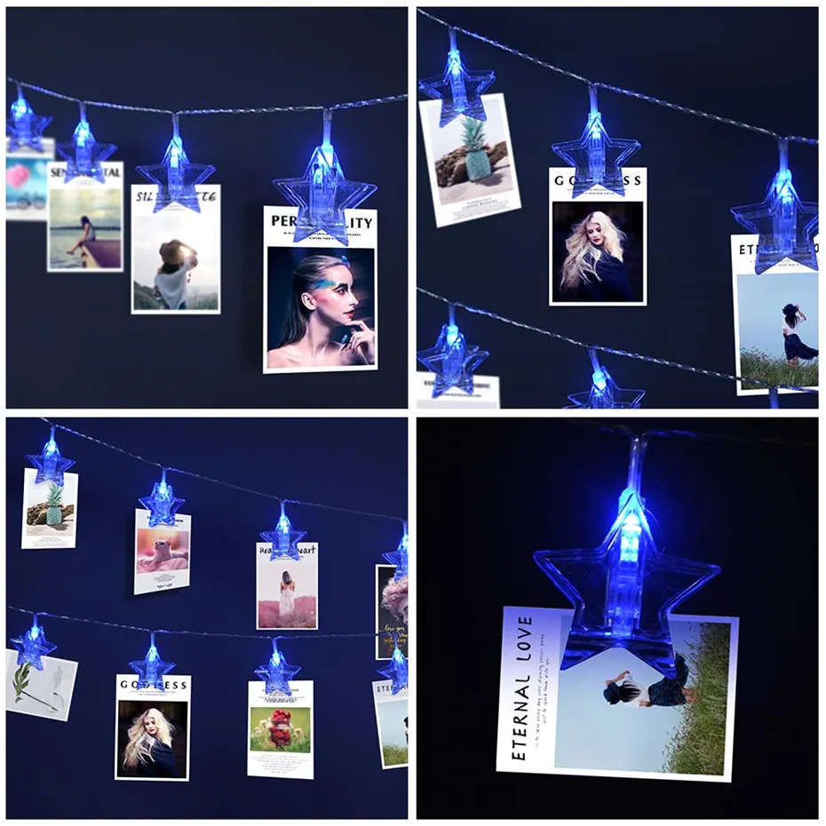Blue Светодиодный Сказочный свет 50 клипов украшение для комнаты фотографии Звезда Форма колышки фото держатель на батарейках гирлянды Рождественский светодиодный гирлянда - Испускаемый цвет: Blue