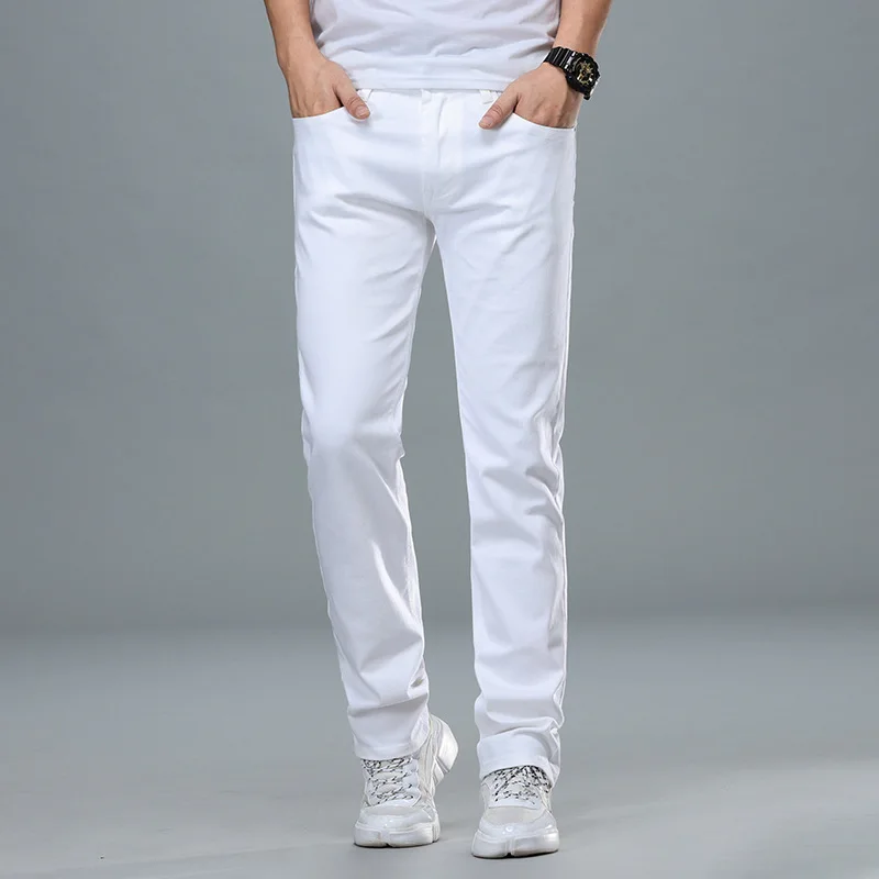 New Classic Style Men's Regular Fit White Jeans Business Smart Fashion Denim Advanced Stretch Cotton Trousers Male Brand Pants