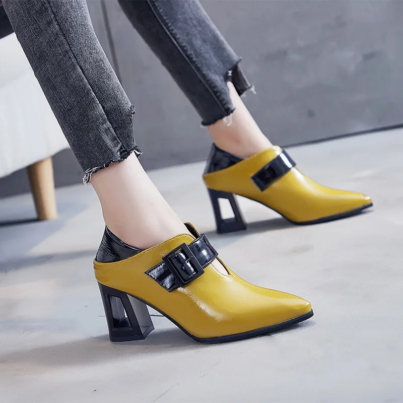 

2020 Autumn Fashion Mix Color Pointed Toe Pumps Women Patent Leather High Heels Shoes Woman Square Heel Banquet Shoes Female