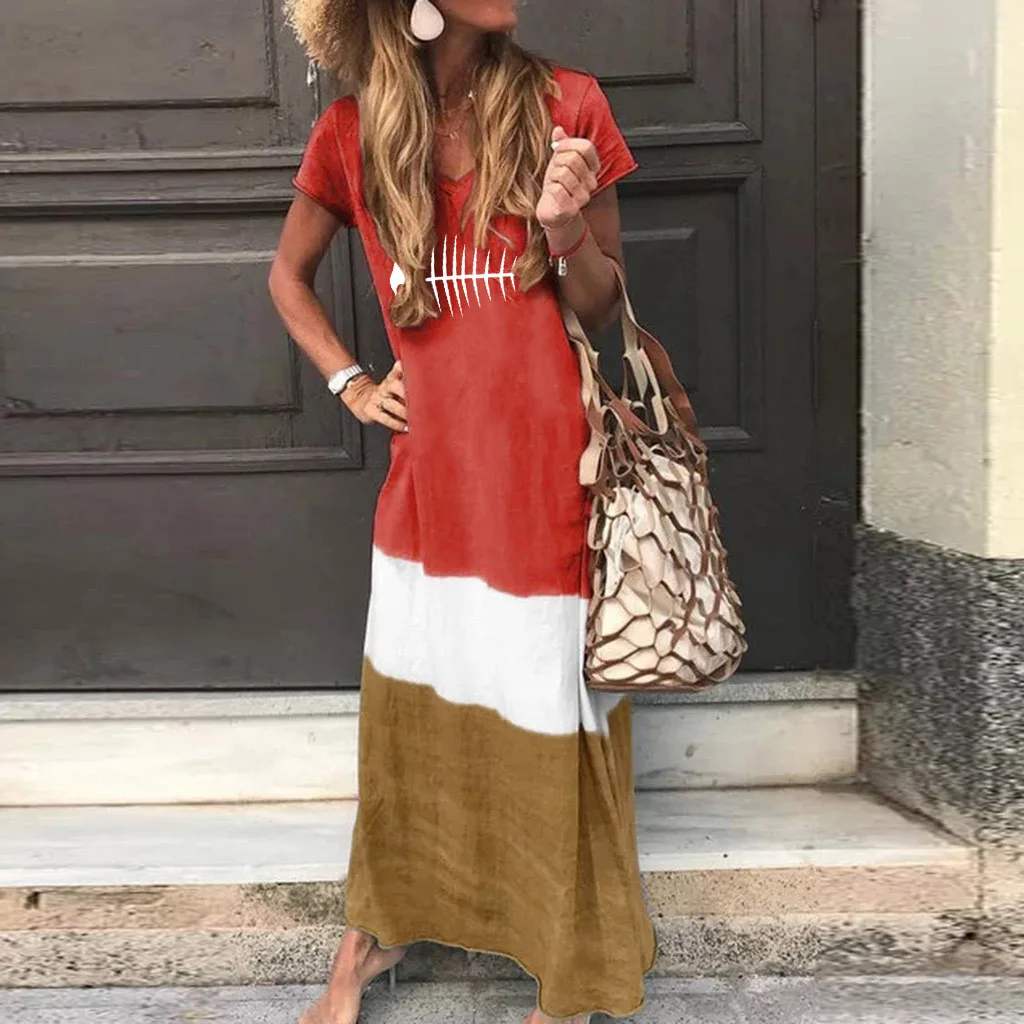 Женское платье макси в полоску с принтом рыбки большие размеры повседневное