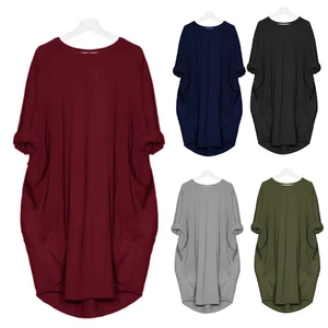 Women Casual Solid Color O Neck Long Sleeve Pockets Knee-length Baggy Dress Vestidos Streetwear