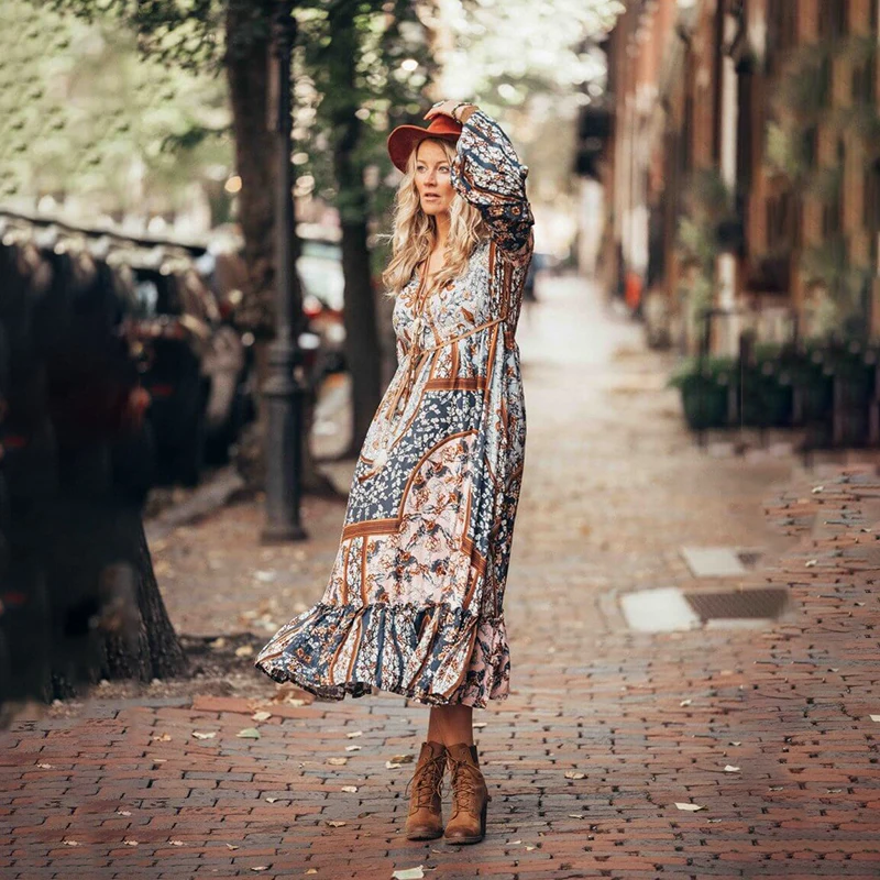 Длинное платье в богемном стиле с длинным рукавом винтажное этническое