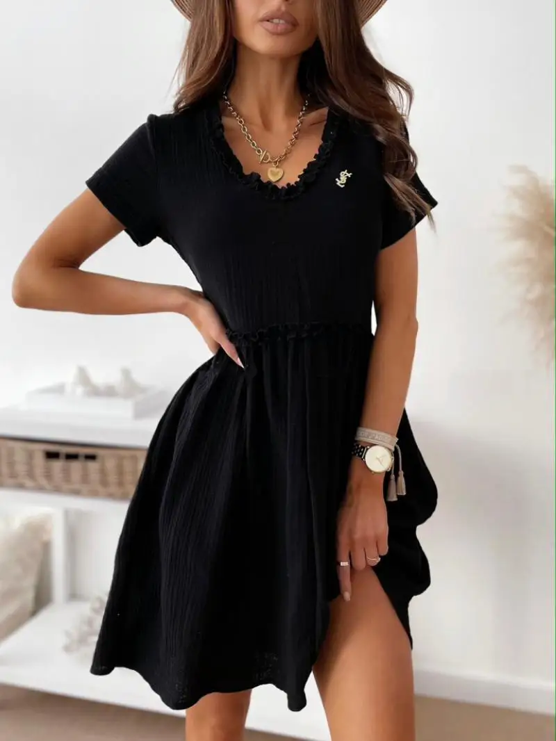 

Summer Lady Short Sleeve Round Neck Lotus Leaf Lace Dress Casual Fashion Commuting Sexy Mini Skirt Girl Clothes