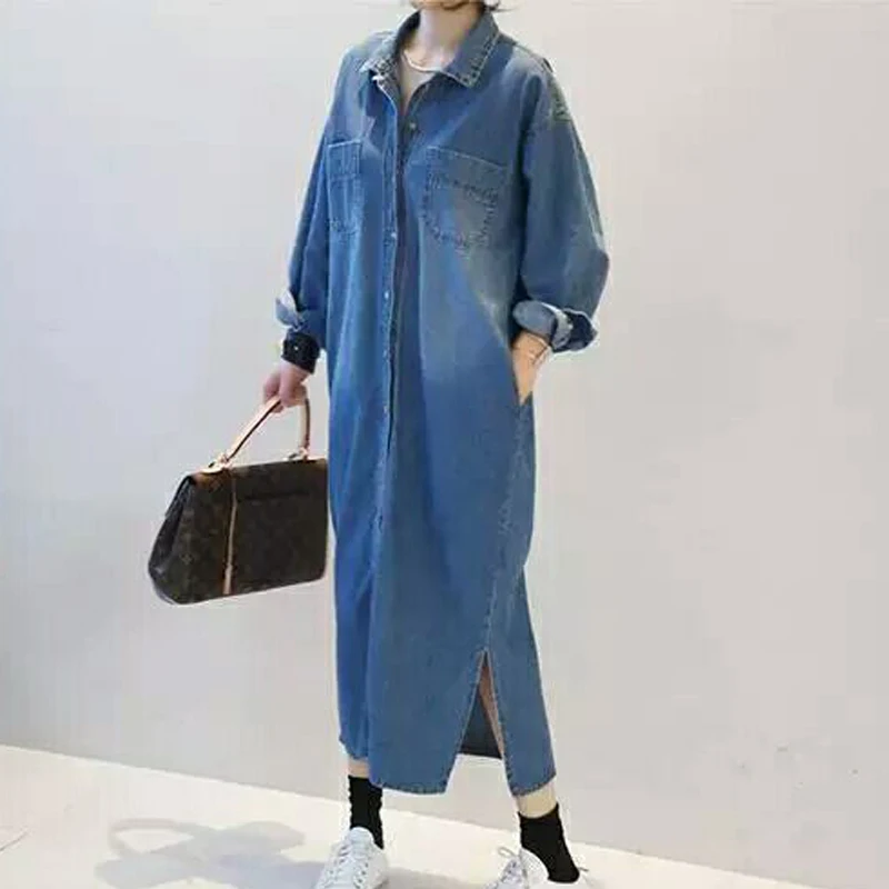 Женская Джинсовая длинная рубашка повседневная синяя джинсовая блузка с