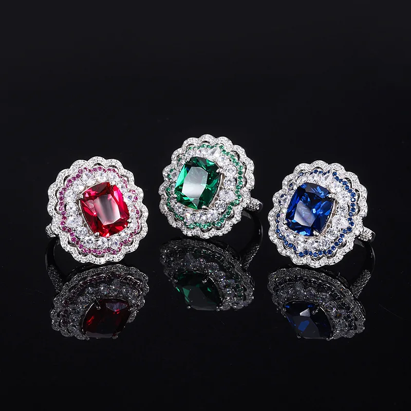

Serenity Day S925 Sterling Silver 10*12MM Big Flower Ruby Emerald Sapphire High Carbon Diamond Ring for Women Silver Jewelry