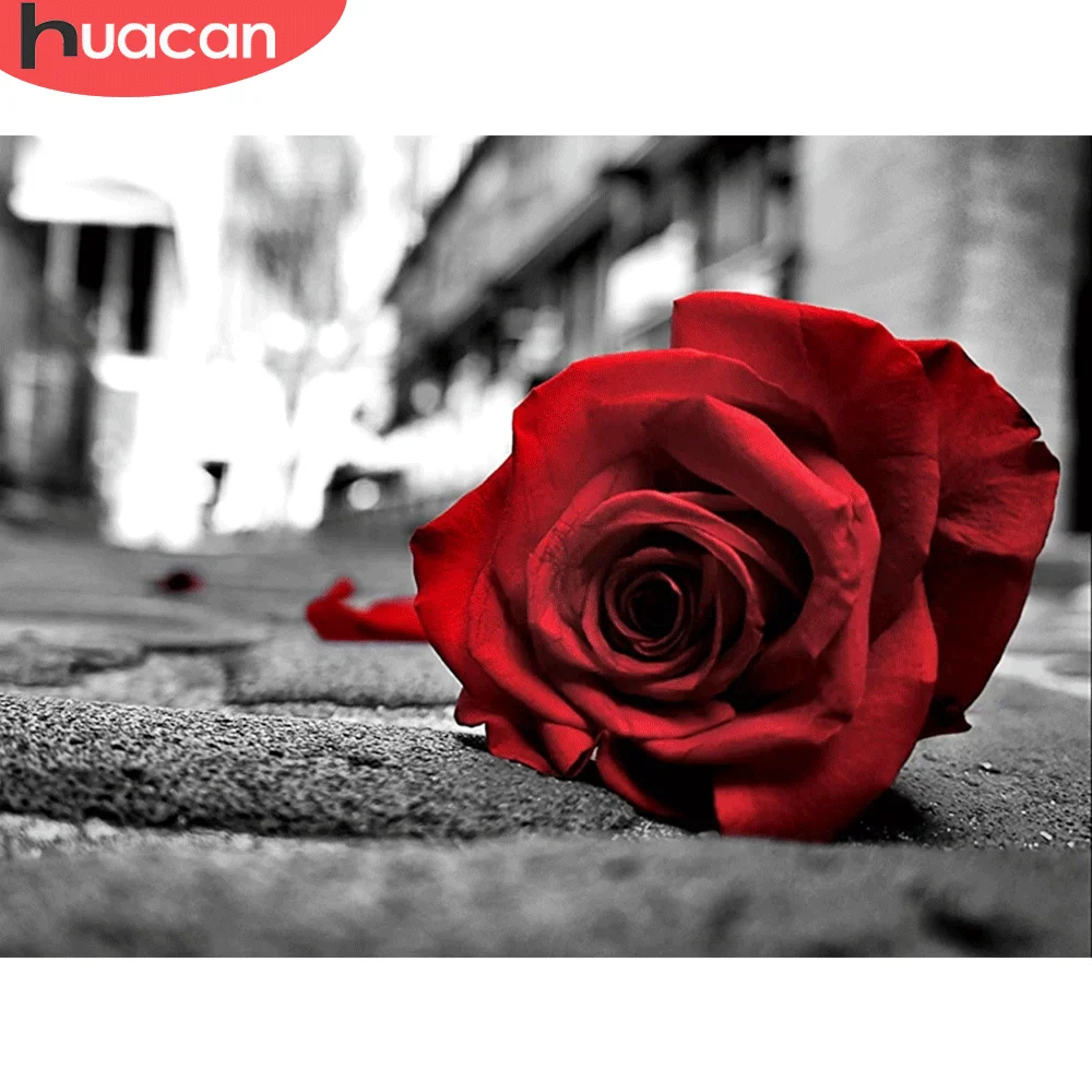 

HUACAN DIY Flower Diamond Mosaic Rose Street Diamond Painting Black And Red Full Embroidery Kits Home Decoration