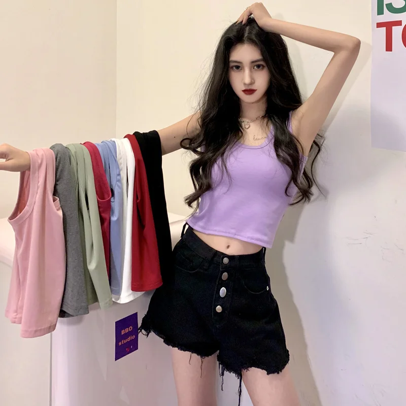 Корейский шикарный короткий топ на бретелях без рукавов и жилет | Женская одежда
