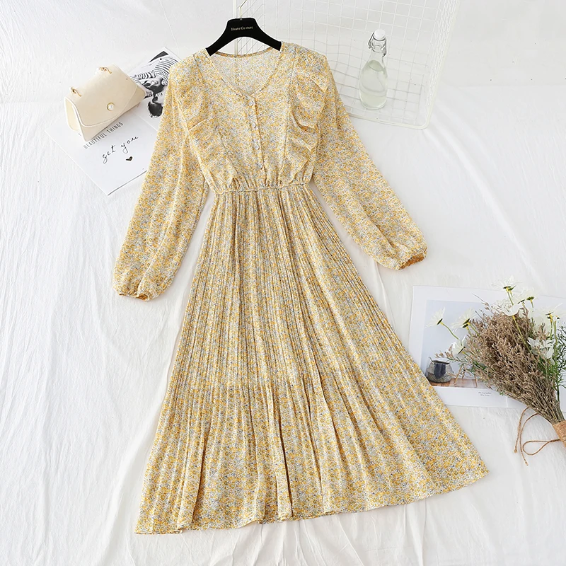 

ZAWAHIKI Ruffles Chiffon Slim Waist Floral Pleated Elegant Women's Dress 2021 Spring Summer V-neck Mid-calf Fashion Femme Robe