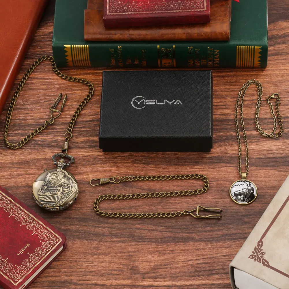 Pocket Watch Vintage LED Luminous Retro Quartz Pocket Watch Bronze Train FOB Watch Pedent Chain Luxury Clock Gift Set for Men