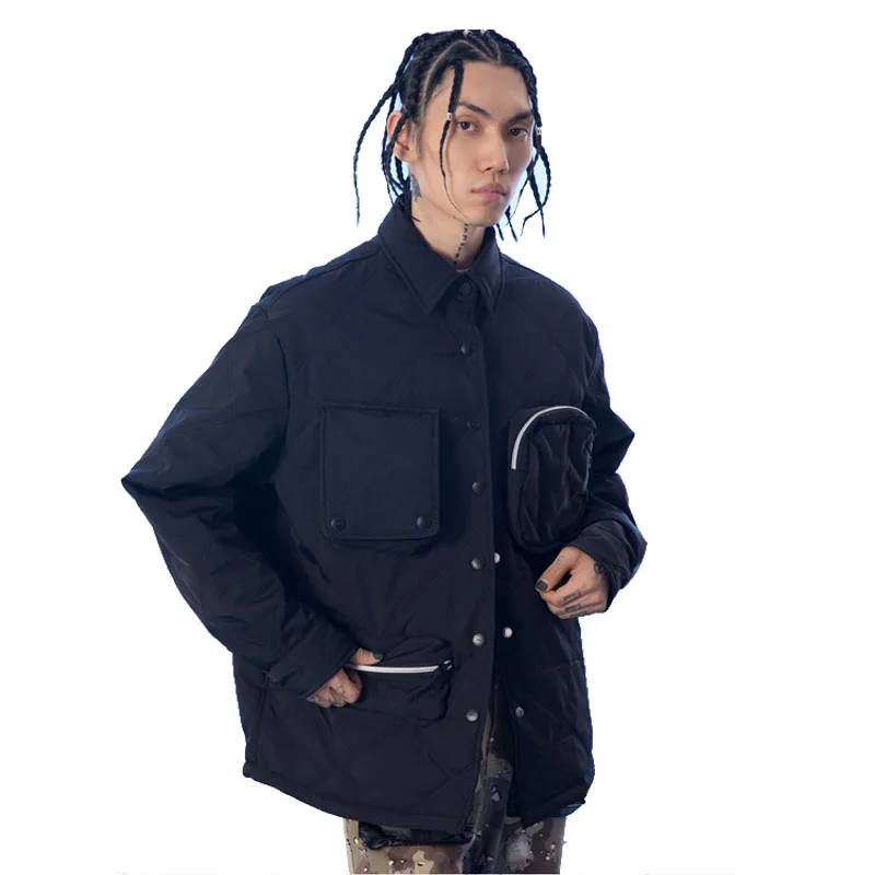 

Winter Jacket Men Letter Embroidery Big Pocket Thicken Padded Cotton Shirt Jacket Streetwear Hip Hop Man Women Parkas Coat