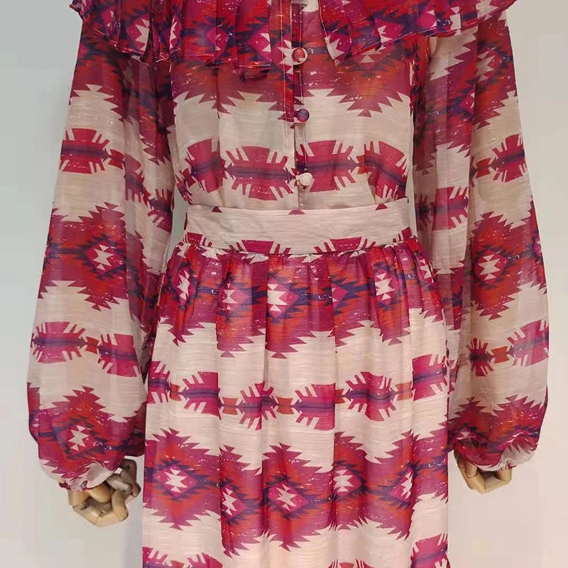 

VGH Print Two Piece Set For Women O Neck Lantern Long Shirts High Waist Maxi Skirts Casual Loose Sets Female 2021 Spring Fashion