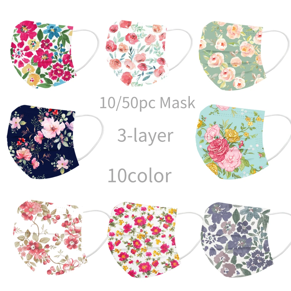 10 шт. одноразовые трехслойные нетканые маски с цветочным принтом для взрослых |