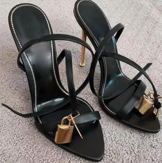 

Moraima Snc Newest Open Toe High Heel Shoes Padlock Ankle Strap Sexy Sandals Summer Women Gladiator Shoes Black White Denim Blue