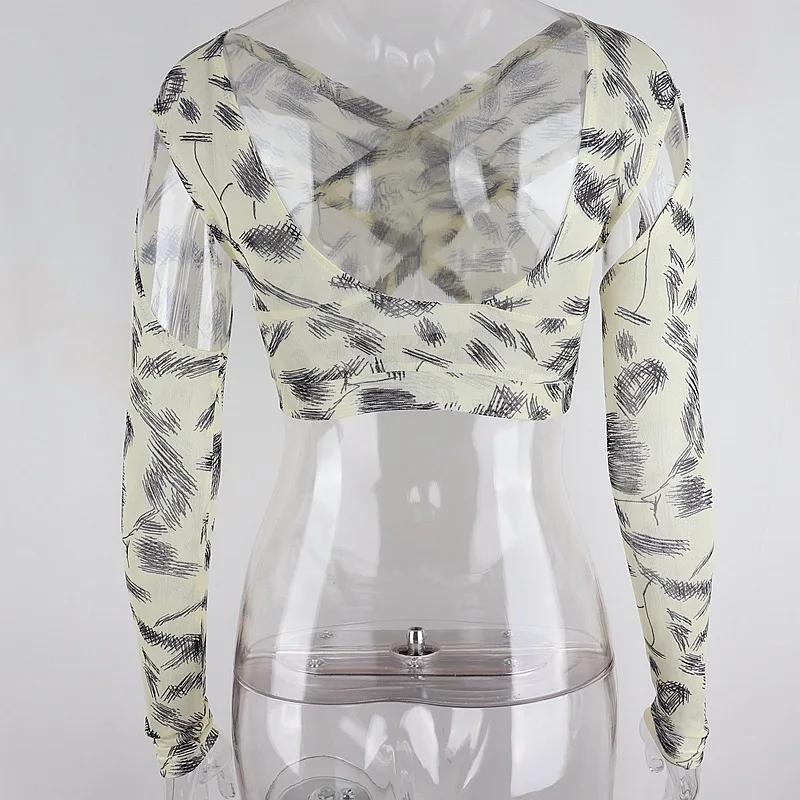 

Colysmo Print Long Sleeve Tees Cut out Cross Sheer Bodycon Crop Top Women Sexy Casual Party Club Wear Fashion Tshirt 2021 New